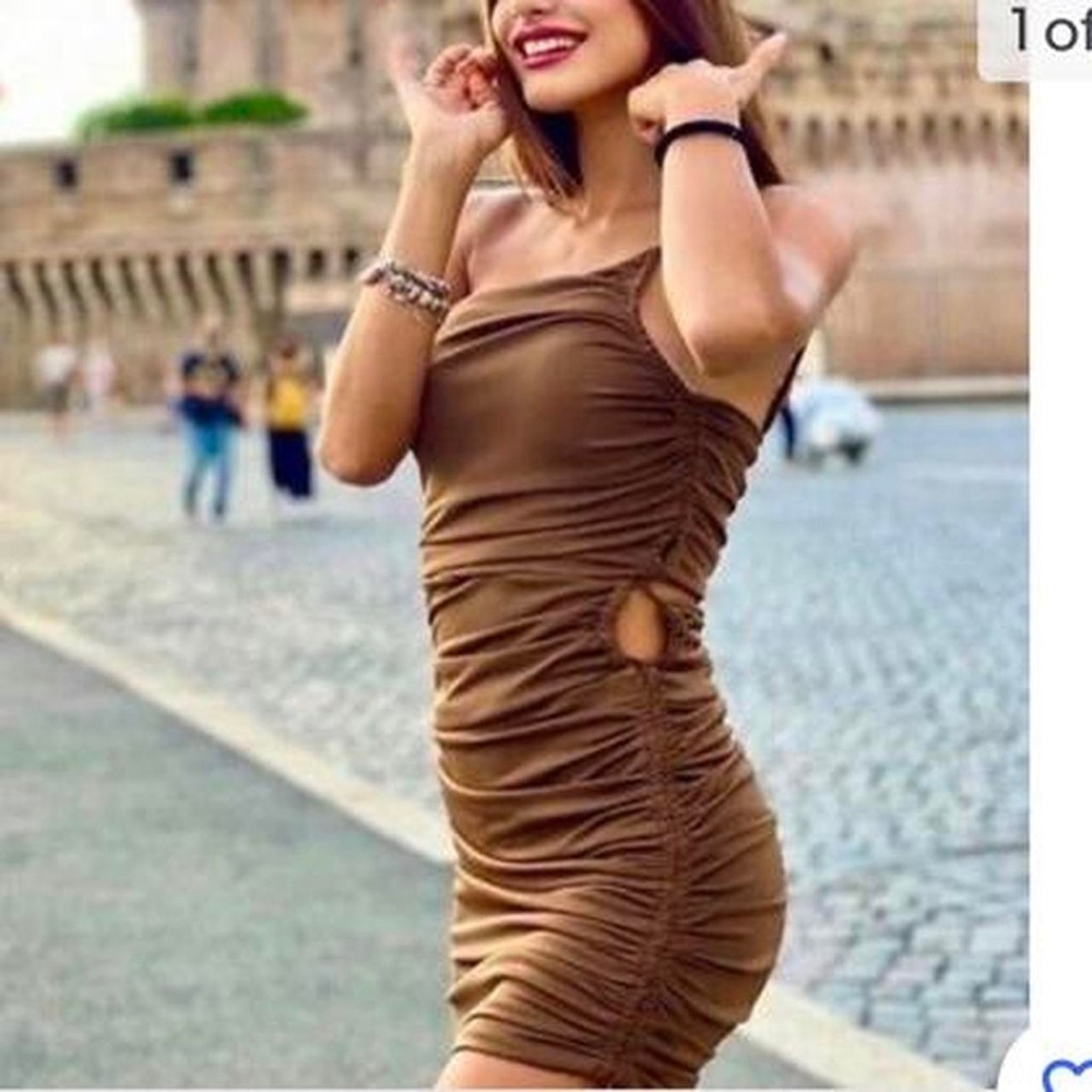 Zara Tan Asymmetrical Ruched One-Shoulder Dress